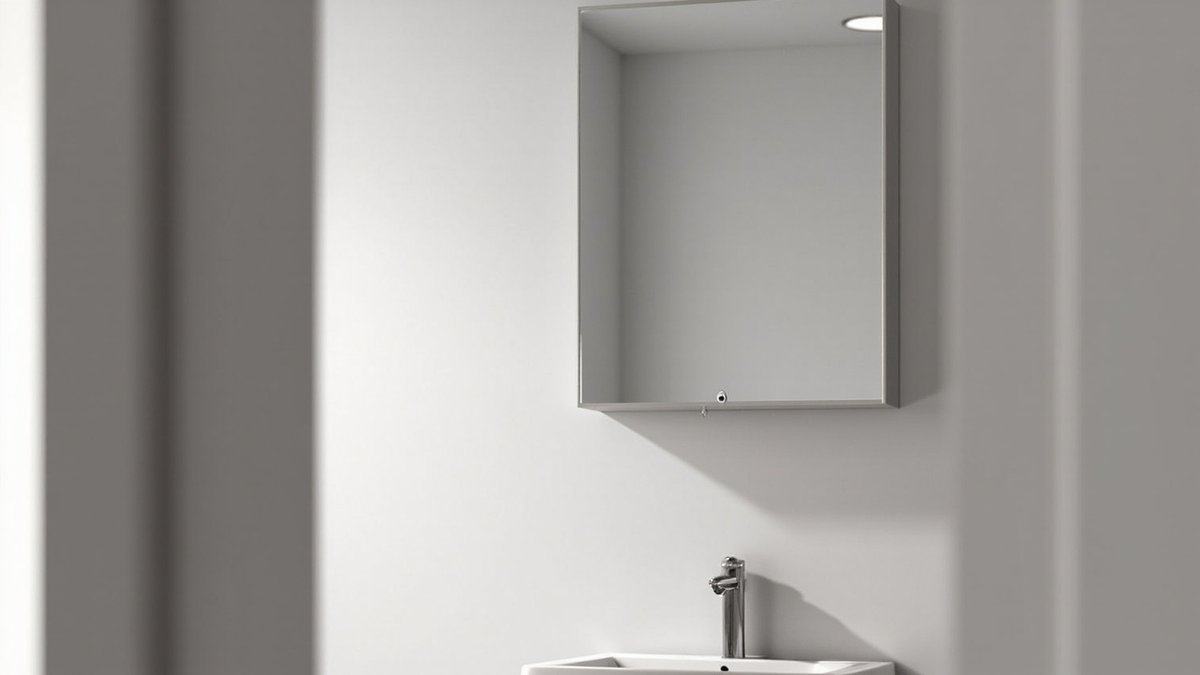 Illustrative concept design: slim single-door mirror cabinet with a small round knob above a narrow white basin