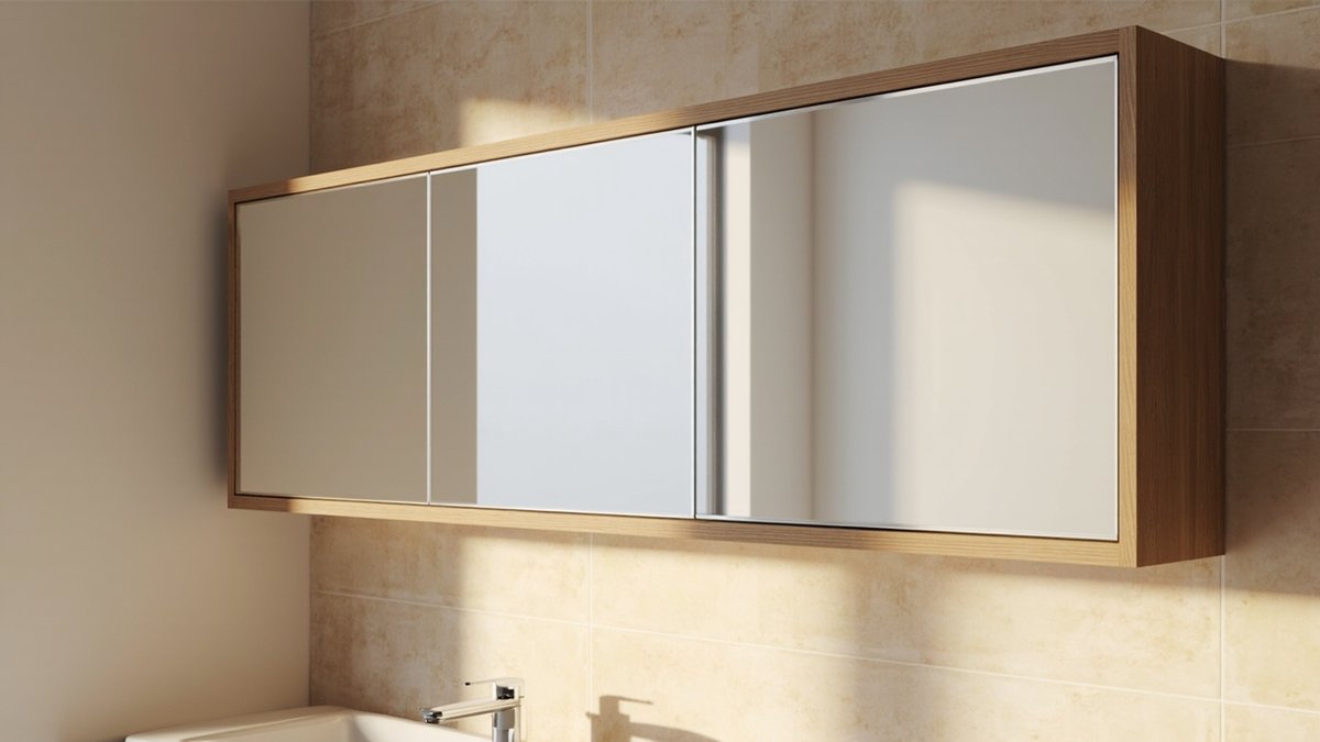 Illustrative concept design: wide three-door mirror cabinet in a warm oak-look carcass on beige stone-look tiles