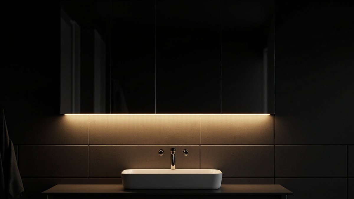 Illustrative concept design: dark mirror cabinet with a warm LED strip glowing onto the tiles and a white basin at night