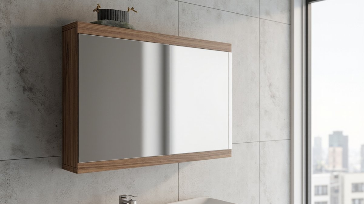 Illustrative concept design: two-door mirror cabinet framed in walnut wood-grain WPC on grey concrete-look tiles