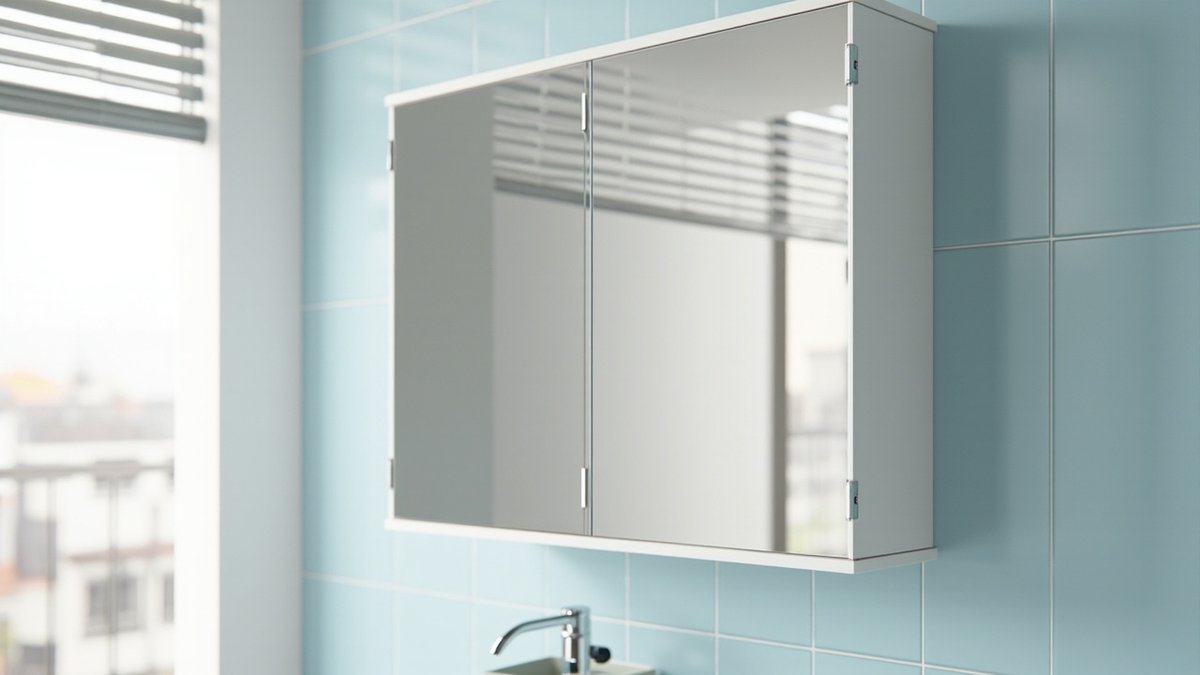 Illustrative concept design: white aluminium two-door mirror cabinet with metal hinges on pale blue tiles