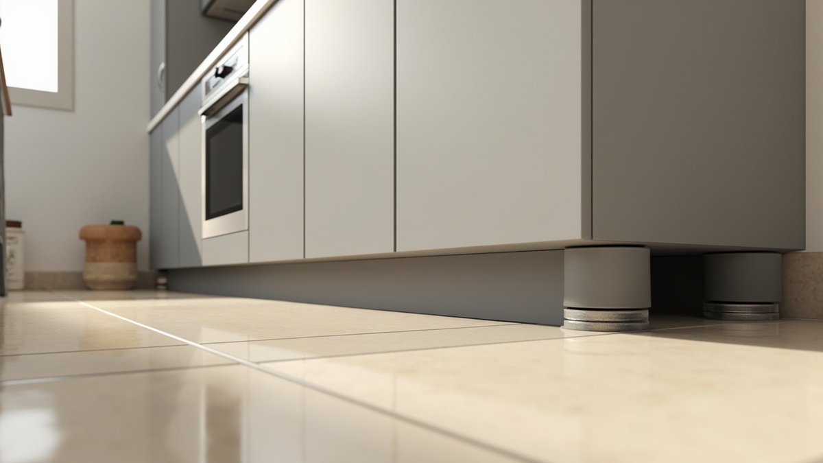 Illustrative concept design: floor-level view of a grey kitchen base run with a recessed plinth and round adjustable feet at the near end