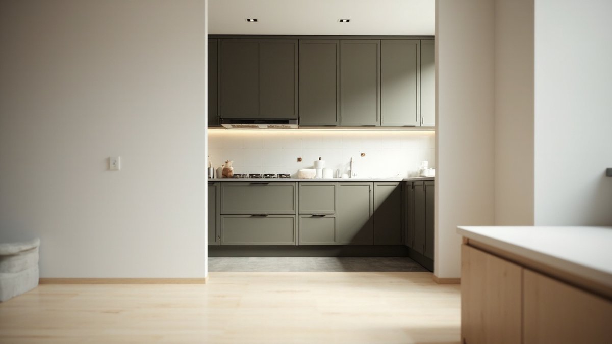 Illustrative concept design: view from a dry kitchen through a wide opening into a wet kitchen with olive-grey shaker-style base and wall cabinets