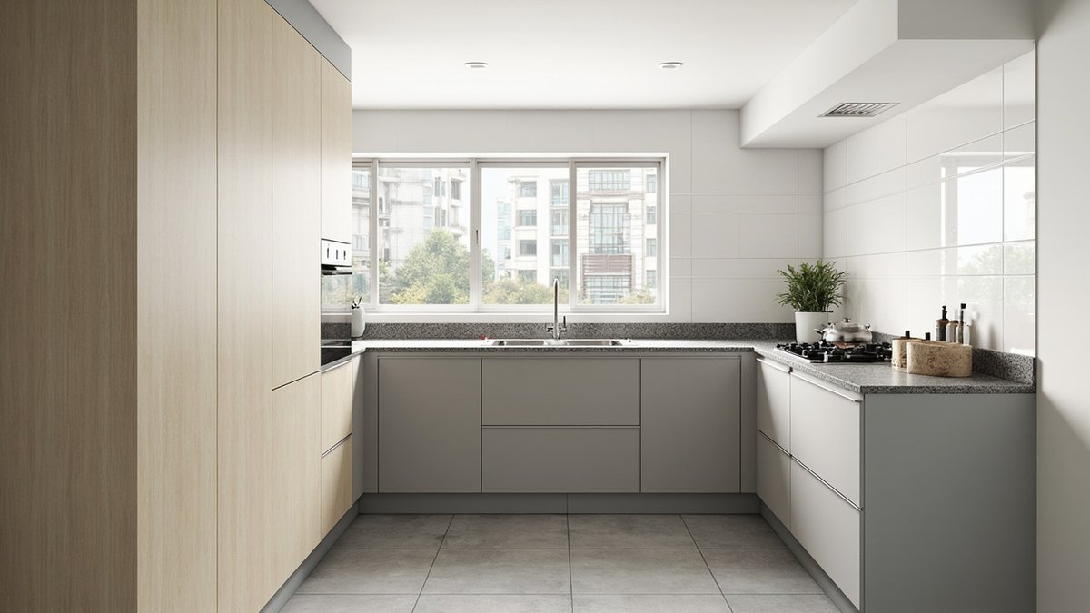 Illustrative concept design: U-shaped run of flat warm grey laminate base cabinets under a speckled grey granite top with a double sink under a window