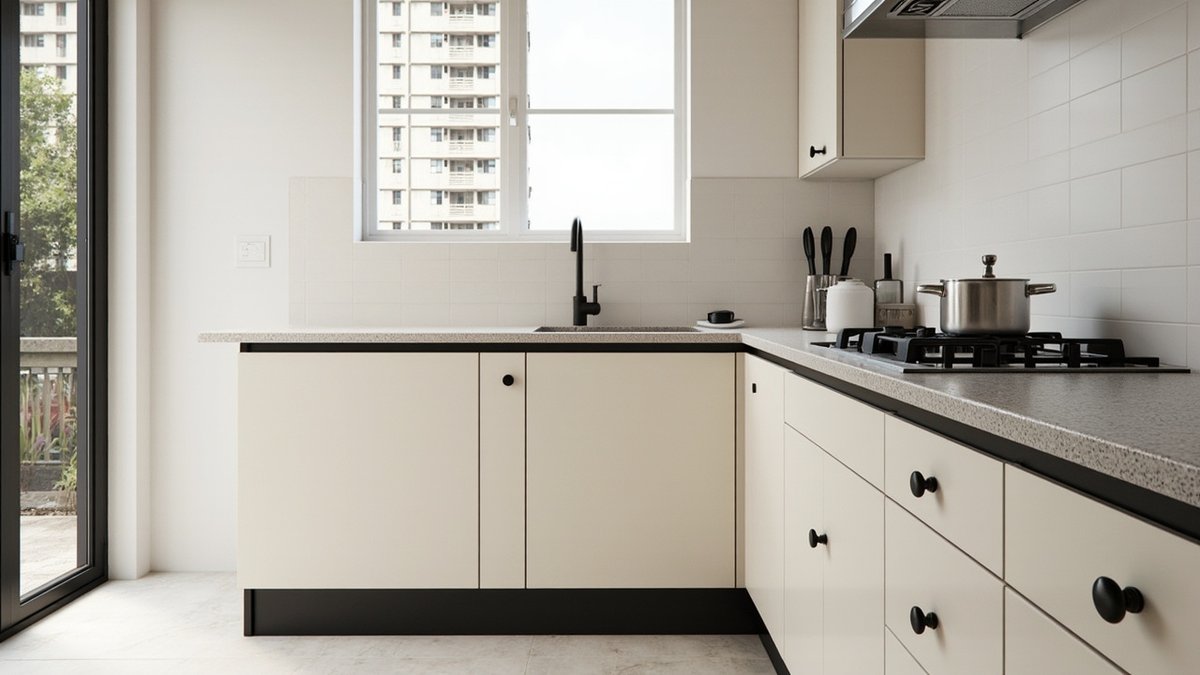 Illustrative concept design: L-shaped run of cream base cabinets with round black knobs on a black plinth, a speckled grey top and a gas hob