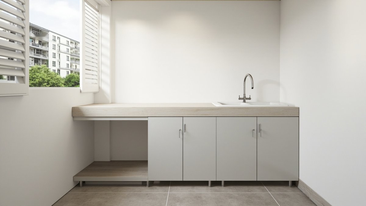 Illustrative concept design: laundry area with light grey base cabinets on steel legs, a white sink and an open bay left free for a washing machine