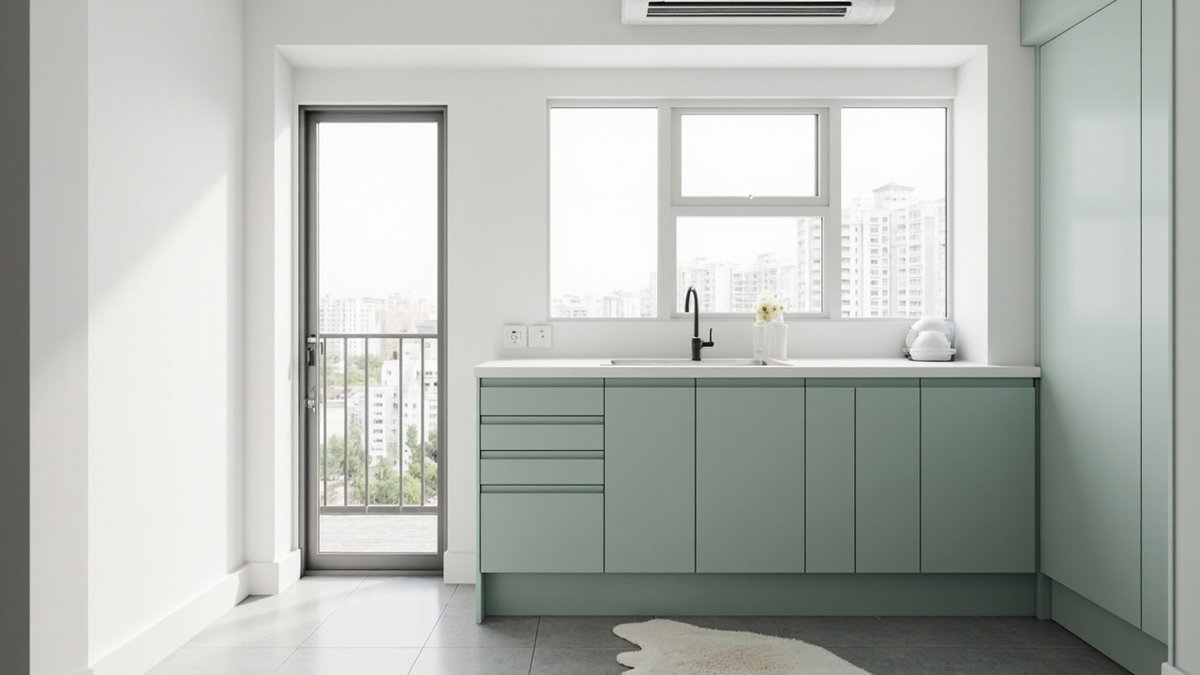 Illustrative concept design: straight run of soft sage handleless base cabinets under a white worktop beside the service-yard door of a condo