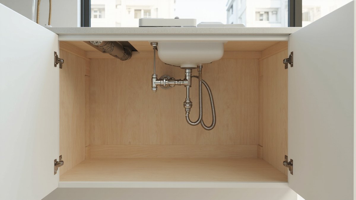 Illustrative concept design: open white sink base showing a pale plywood interior with a full back panel, a chrome trap and braided hoses