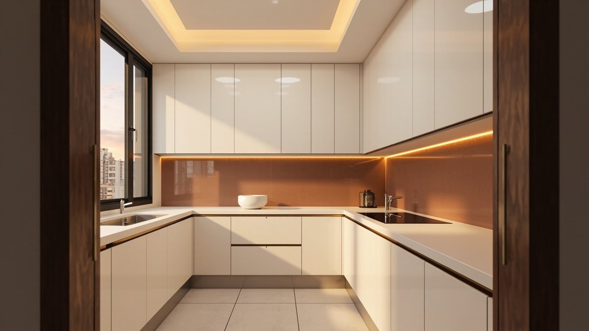 Illustrative concept design: U-shaped kitchen of smooth warm white handleless doors and a white worktop with a copper-brown splashback lit by LED strips