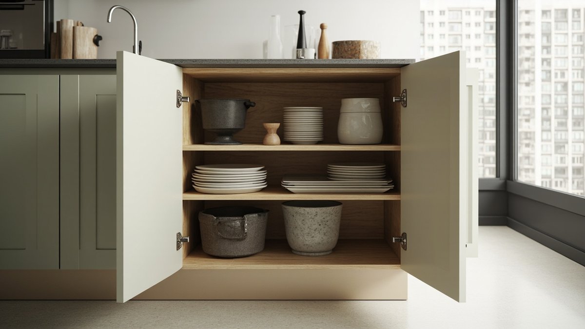 Illustrative concept design: open base cupboard with pale sage doors and thick timber-tone shelves holding stacked plates, a cast-iron pot and stoneware