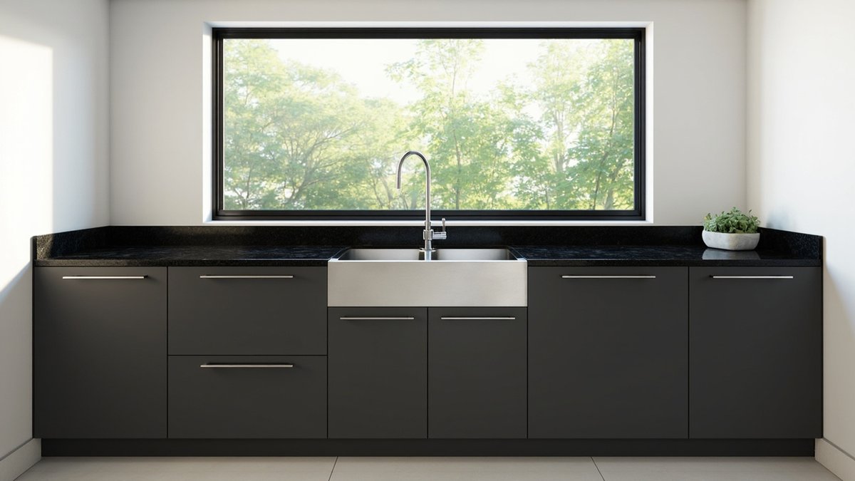 Illustrative concept design: matt charcoal base cabinets with steel bar handles under polished black granite with a stainless apron-front double sink