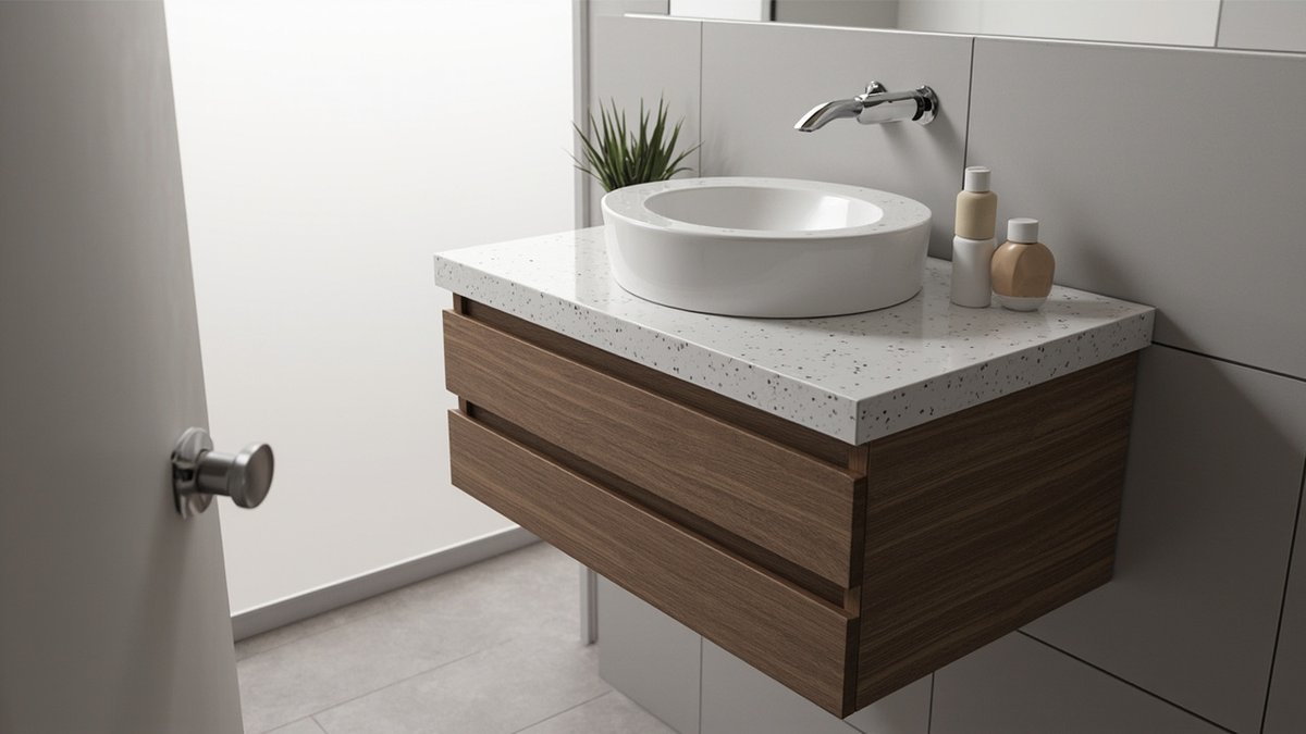 Illustrative concept design: wall-hung walnut woodgrain vanity with two drawers under a white terrazzo-look top and a round vessel basin