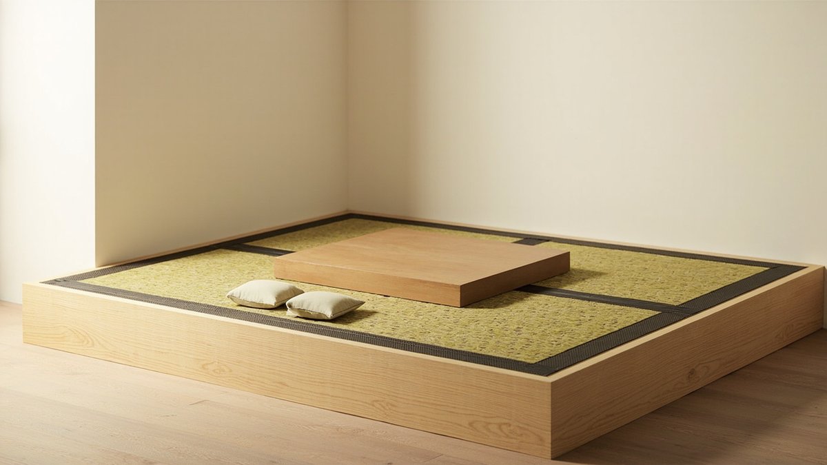 Ilustrasi konsep reka bentuk: platform tatami rendah bermuka oak beralas tikar rumput anyaman bertepi gelap dengan meja rendah dan dua kusyen kecil