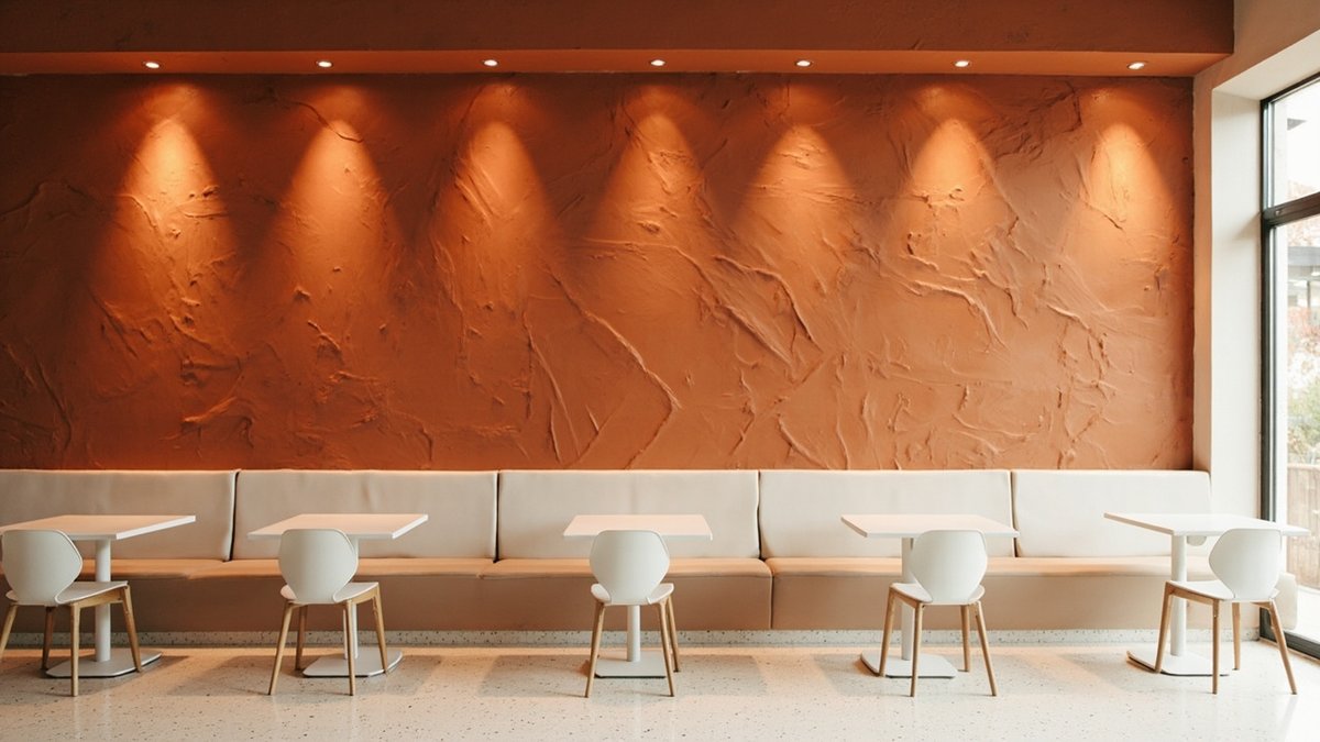 Illustrative concept design: textured terracotta feature wall above a cream banquette and white two-seater tables