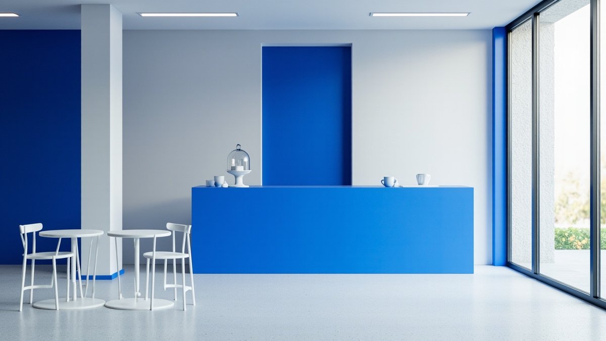 Illustrative concept design: small cafe with a cobalt blue counter and niche, a cake dome and white tables