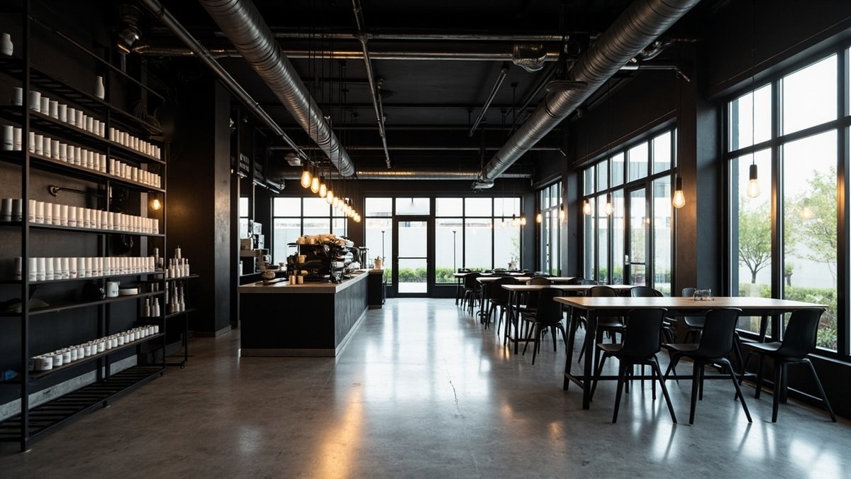 Illustrative concept design: industrial cafe with black exposed ducts, steel shelving and a polished concrete floor