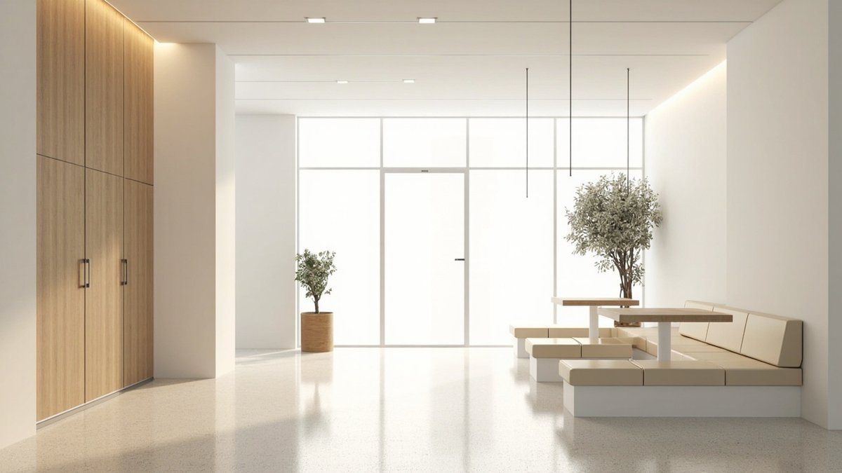 Illustrative concept design: minimalist cafe with a wall of pale oak storage doors, a beige banquette and olive trees