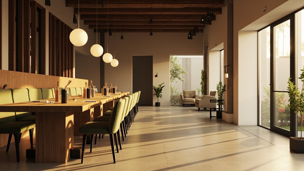 Illustrative concept design: long oak communal table with an olive banquette and chairs under globe pendants