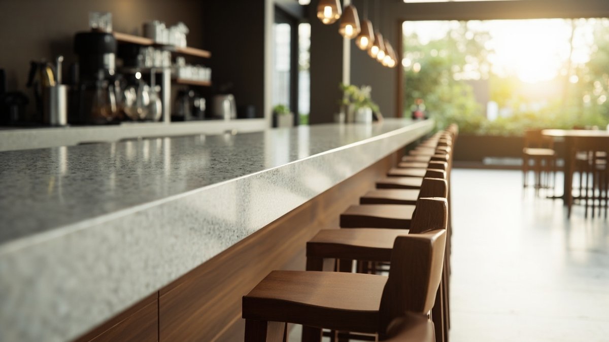 Illustrative concept design: specialty coffee bar with a grey terrazzo top, walnut front and walnut stools