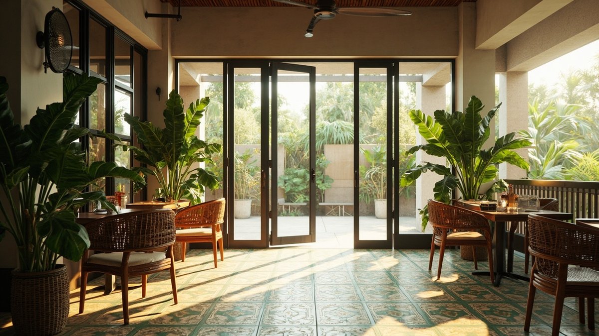 Illustrative concept design: tropical cafe with folding glass doors open to greenery, rattan chairs and patterned tiles