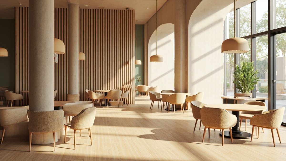 Illustrative concept design: Japandi cafe with tall pale timber slat walls, boucle chairs and cream dome pendants