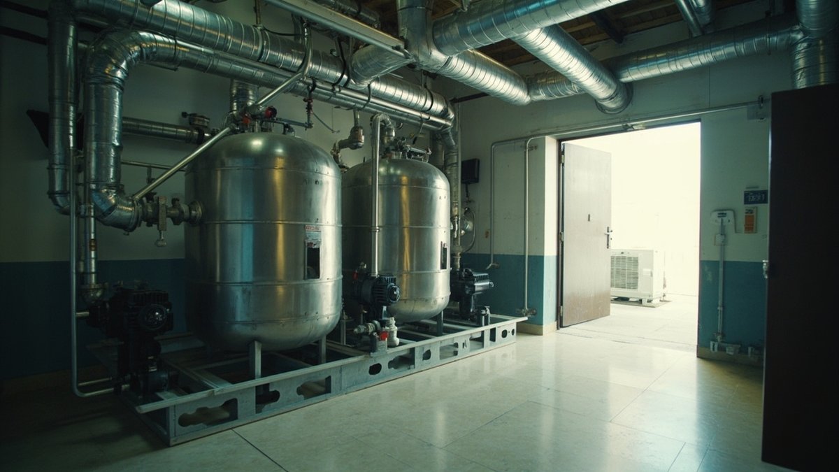 Insulated stainless steel calorifier cylinder with pipes, valves and a circulation pump in a hotel plant room