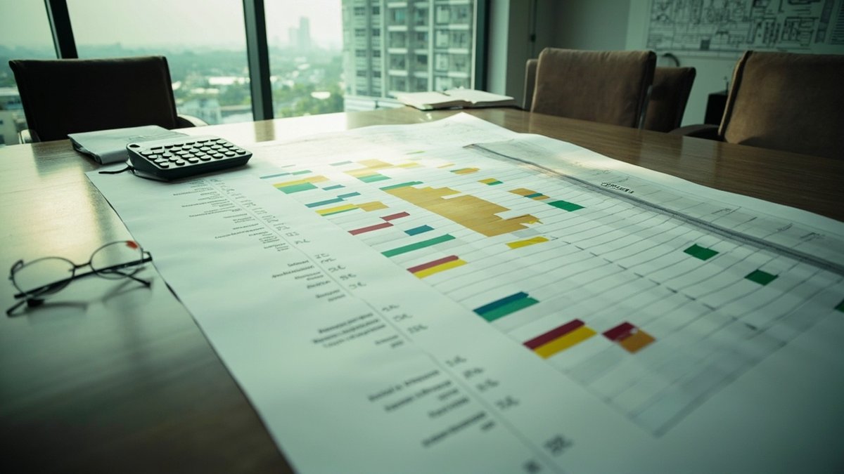 Multi-year capital works timeline spread on a condo management office table
