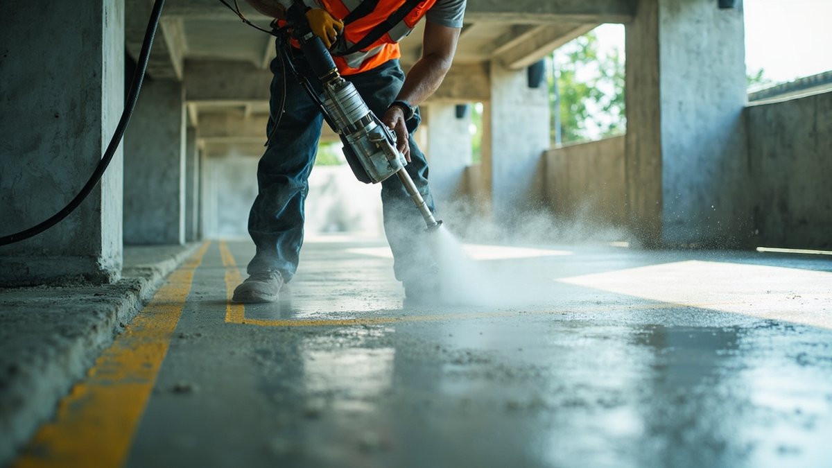 Seamless deck coating being spray-applied over a car park deck