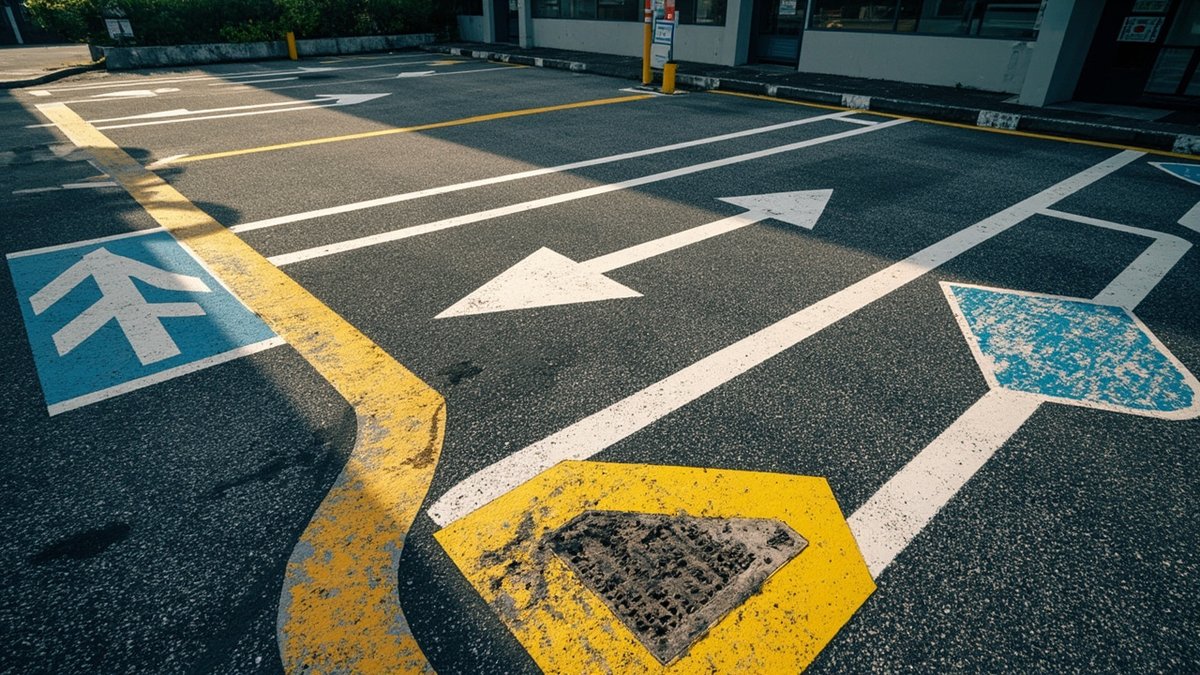 Tempat letak kereta yang baru dicat semula dengan garisan petak putih, garisan silang kuning dan petak OKU