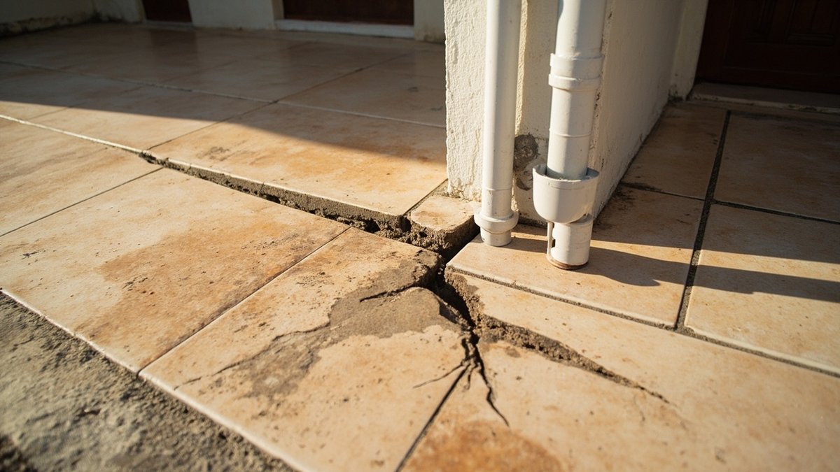Tiled car porch slab separating from the wall of a new Malaysian terrace house