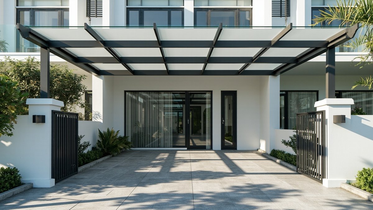 Illustrative concept design: terrace house car porch with frosted glass roof panels on charcoal steel beams and an open slatted gate