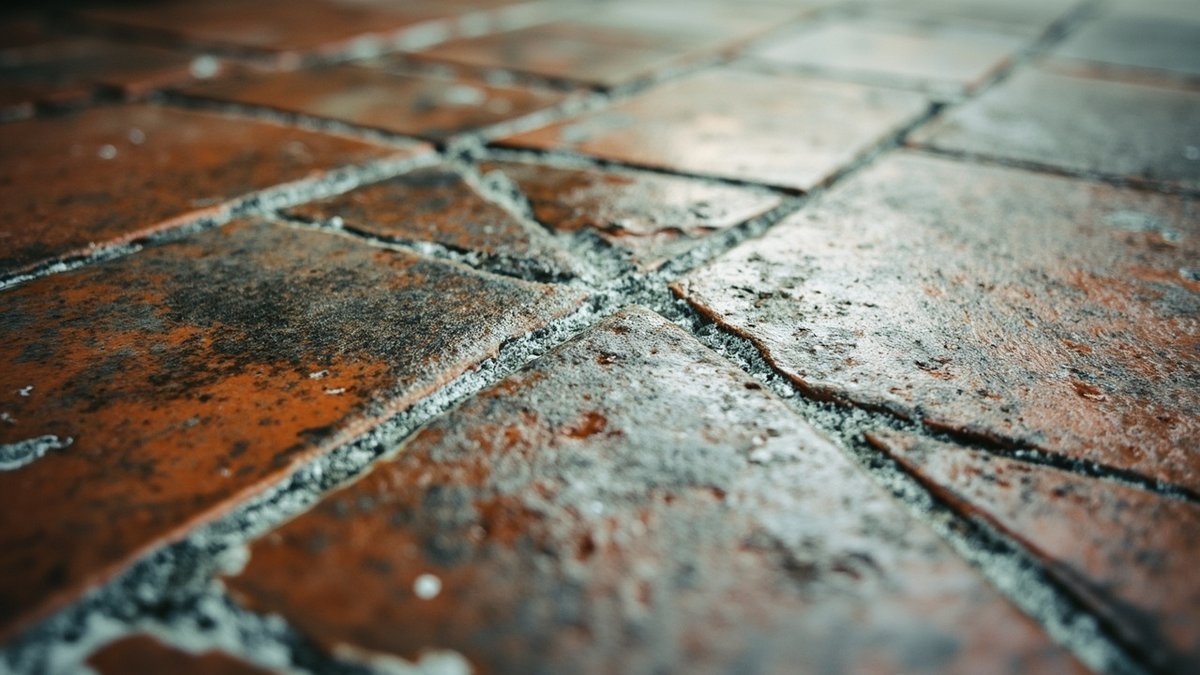 Damp patches and efflorescence rising through car porch tiles