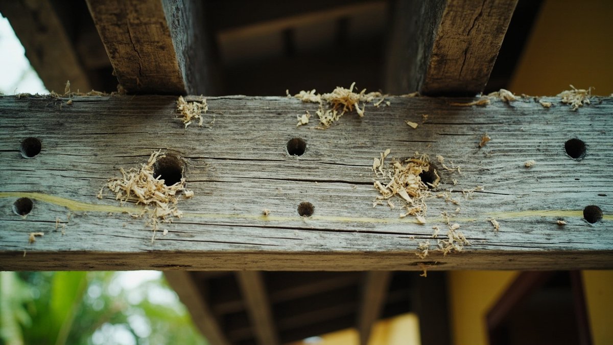 Row of round holes on the underside of a weathered timber pergola beam