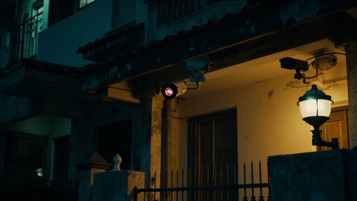 Two CCTV cameras under a house eave at night, one infrared and one with a small white light