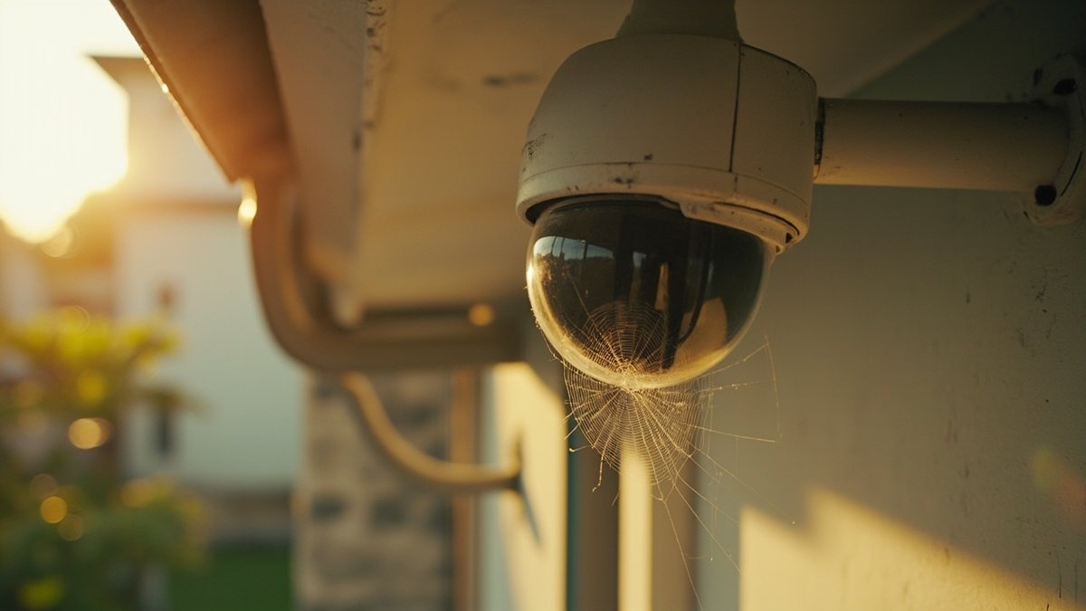 Outdoor dome CCTV camera under a house eave with a spider web across the lens