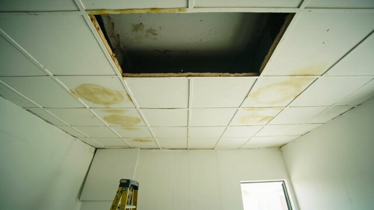 Flat grid ceiling with one stained board removed and a new board beside a stepladder