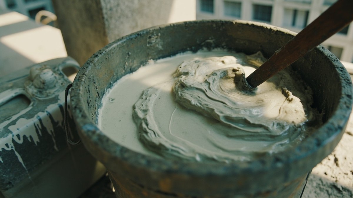Cement and SBR latex being site-mixed in a bucket on a Malaysian site