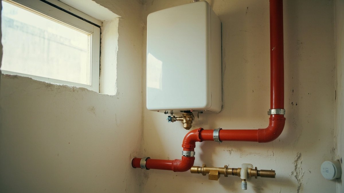 Storage water heater in a utility cupboard with insulated hot-water pipes to the bathrooms