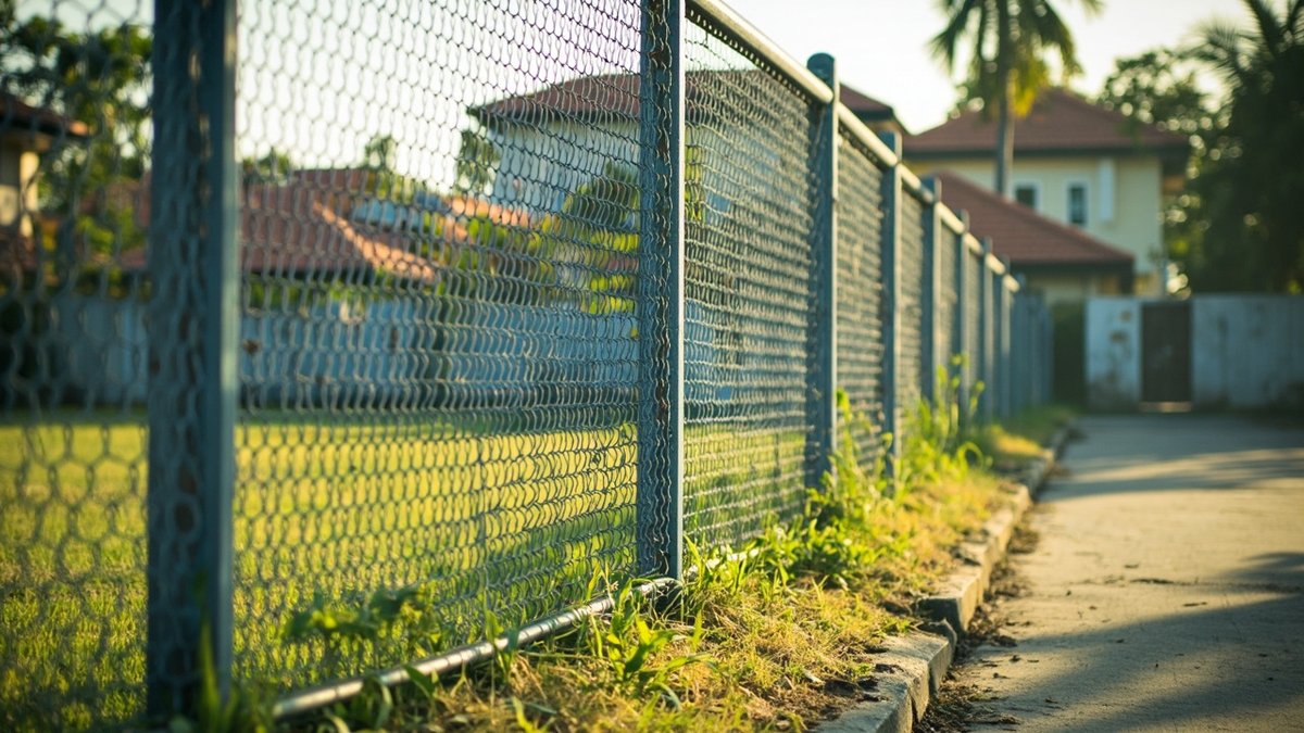 Pagar chain link bergalvani dengan tiang keluli dan rel atas di tepi sebidang tanah kosong