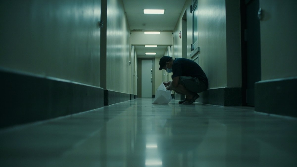 Resident sliding a blank complaint letter under a condo management office door