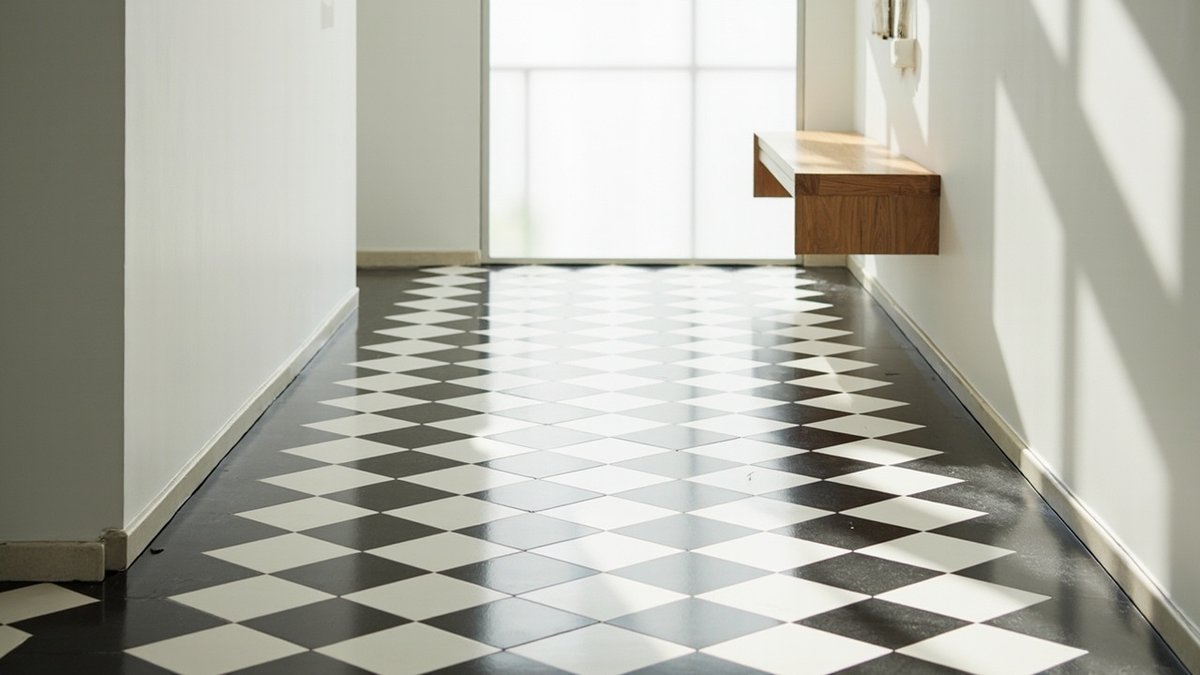 Black and white checkerboard floor tiles laid on the diagonal in a house foyer