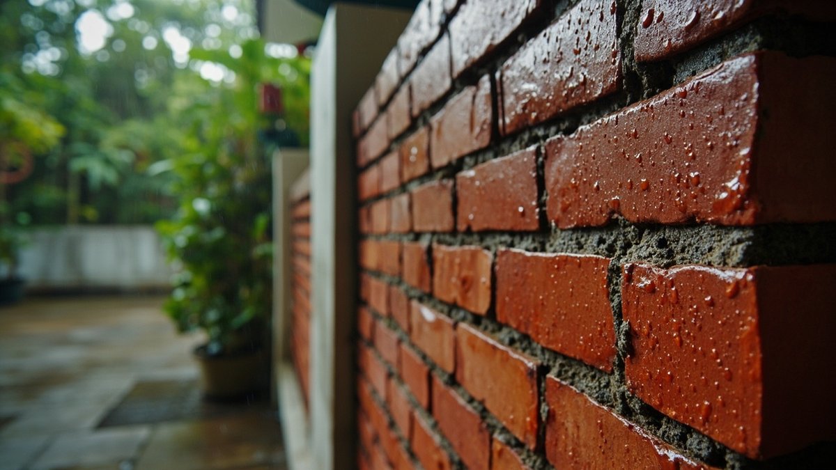 Rain beading on the treated half of a red brick wall while soaking into the untreated half
