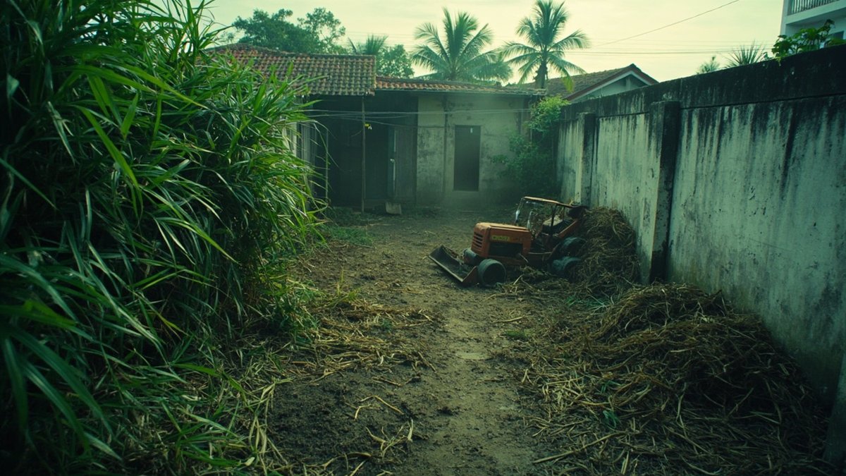 Vacant house compound half cleared, tall tangled grass on one side and cut stubble with green waste piles on the other