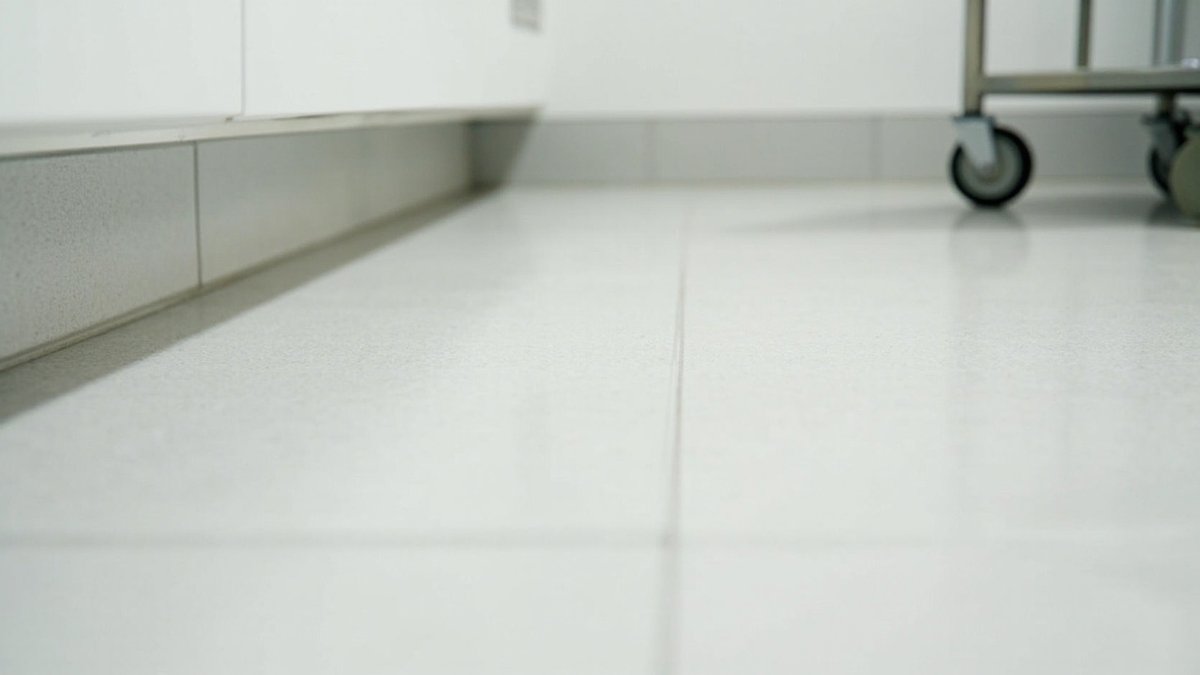 Lantai vinyl kepingan klinik dengan sambungan dikimpal dan skirting melengkung naik ke dinding