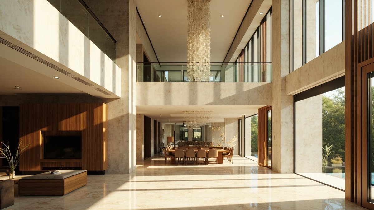 Double-height living hall with a void under the upper landing and tall windows