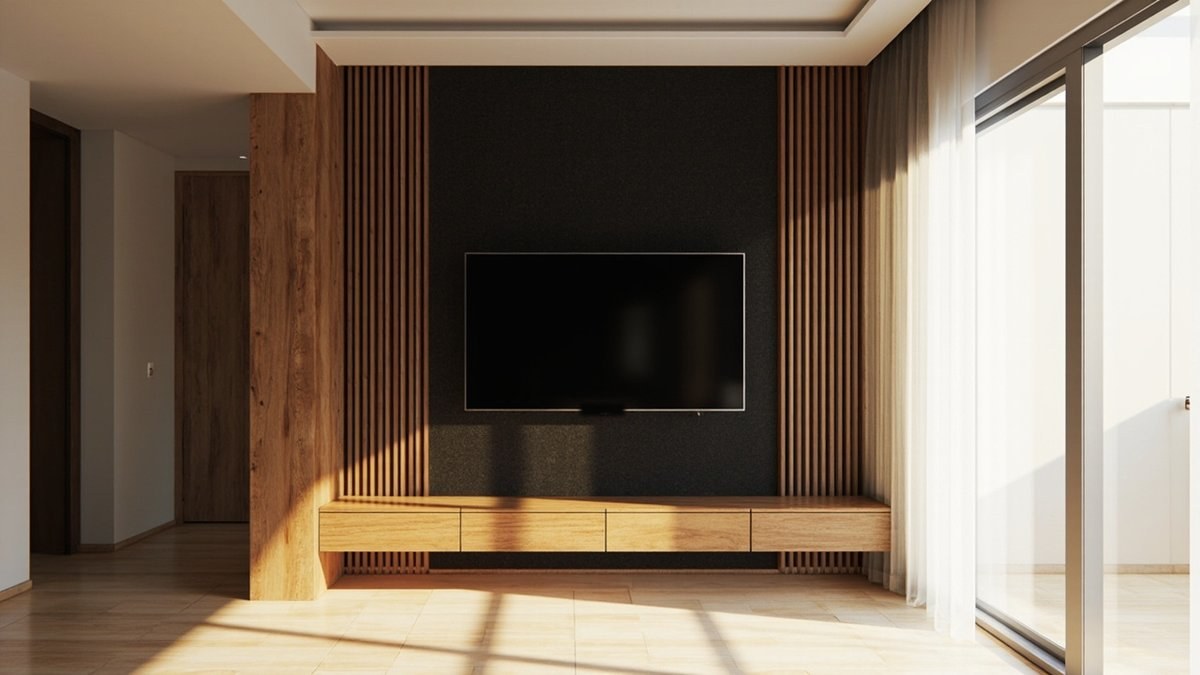 Illustrative concept design: timber slat panels framing a dark felt wall above a floating timber console