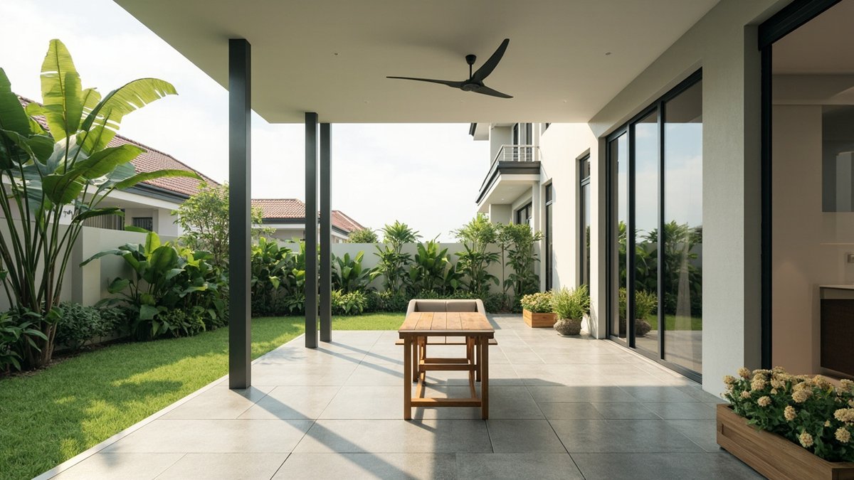 Illustrative concept design: covered side patio with a flat roof on slim posts, a timber table and a ceiling fan