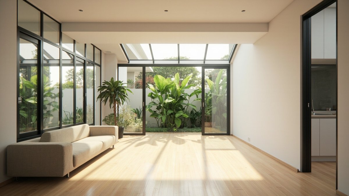 Illustrative concept design: cluster house living room opened to a planted side garden through glass doors and a glazed roof strip, with a beige sofa