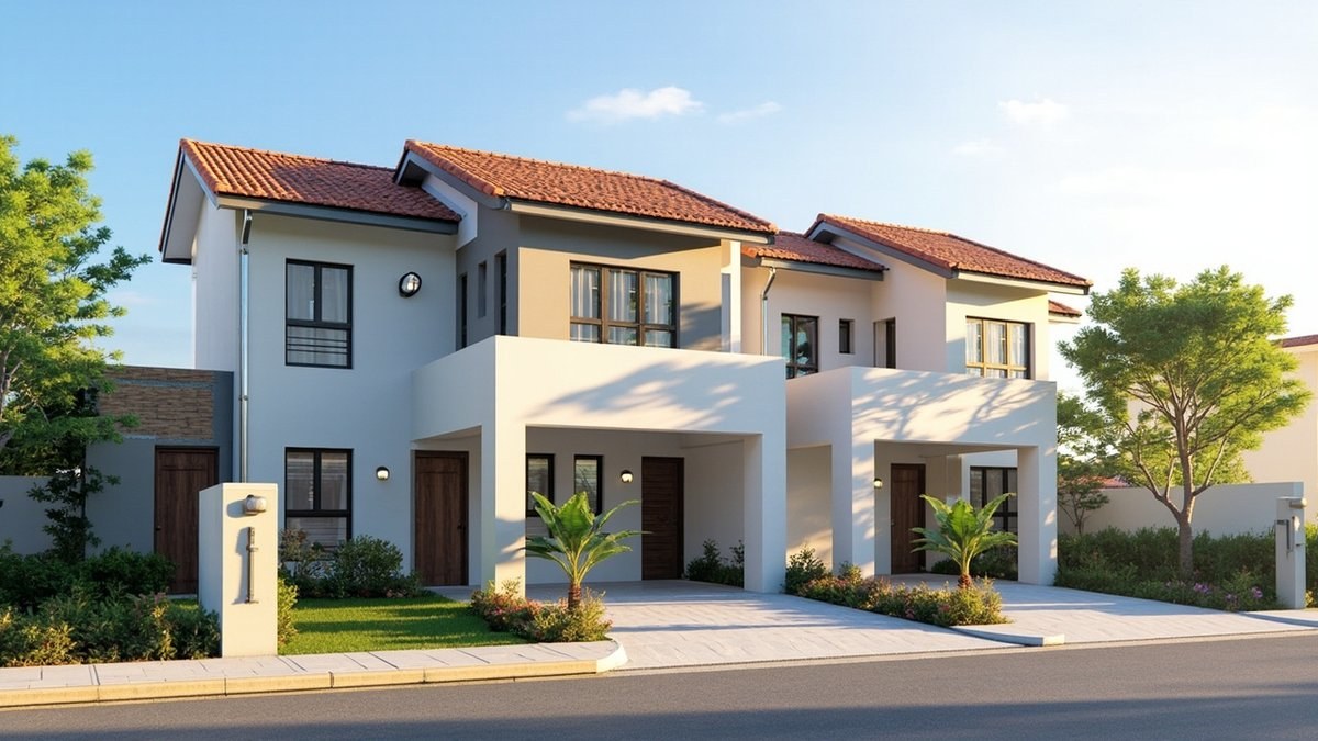 Illustrative concept design: joined two-storey cluster units in warm white and grey with matching terracotta roofs and dark frames