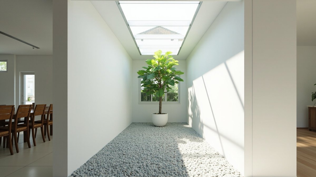 Illustrative concept design: narrow glass-roofed inner court with white pebbles and a potted tree beside the dining area